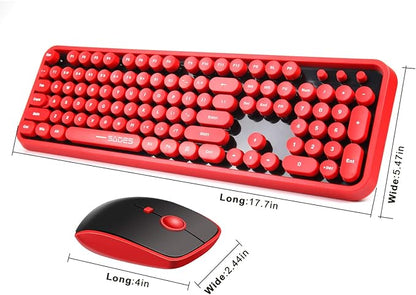 Red Wireless Keyboard and Mouse Combo, Retro Typewriter Style Round Key Keyboard with Bubble Keycaps, 2.4GHz Creamy Clicky Aesthetic Full Size Keyboard with Number Pad for PC Laptop Desktop