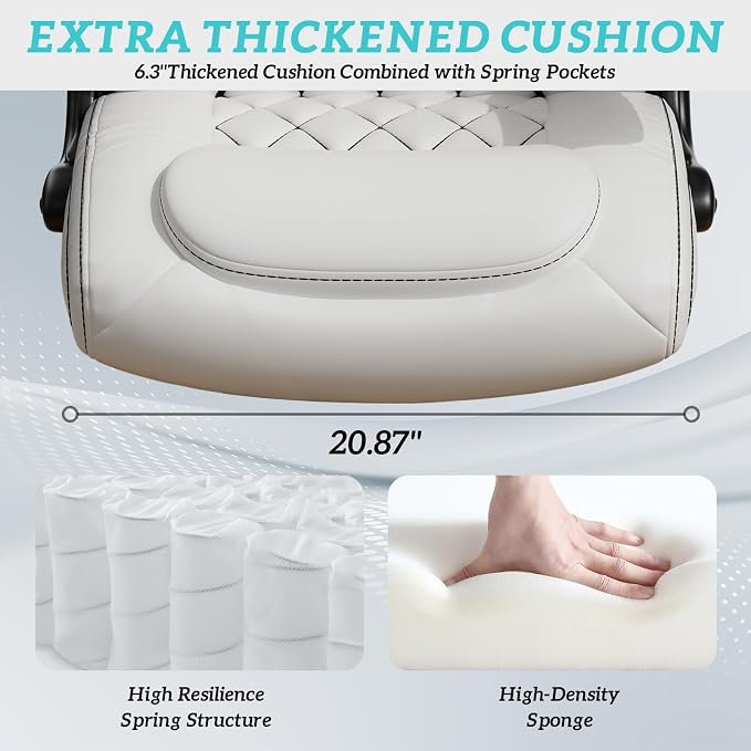 GYI High Back Executive Office Desk Chair, Leather Computer Chair, White | 2.6"Rubber Wheels, Flip-up Arms, Heavy Duty Base, Thick Padded Seat, Lumbar Support, Home, Conference Rooms, Reception Areas