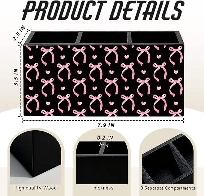 Pink and Black Bow Pen Pencil Holder for Desk Accessories Decor | Office Accessories for Women, Pink and Black Bow Pen Pencil Wooden Organizer Decorations for Dorm Room Bedroom Tabletop Desk