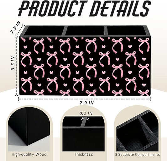 Pink and Black Bow Pen Pencil Holder for Desk Accessories Decor | Office Accessories for Women, Pink and Black Bow Pen Pencil Wooden Organizer Decorations for Dorm Room Bedroom Tabletop Desk
