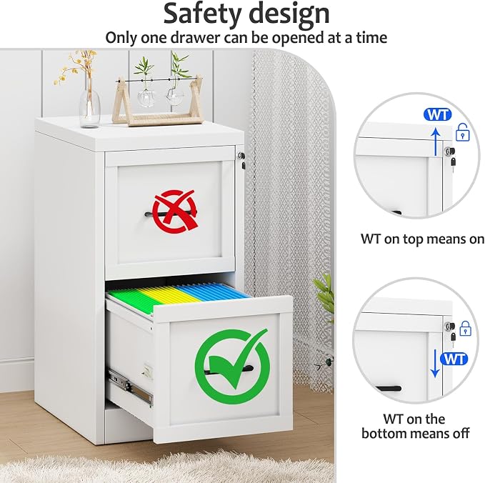 Small Metal 2-Drawer File Cabinet, Under-Desk Filing Cabinet, White | Locking, Adjustable Hanging Rail, Fit A4, FC, Letter, Hanging File Folders for Home Office Storage Organization, 1PS