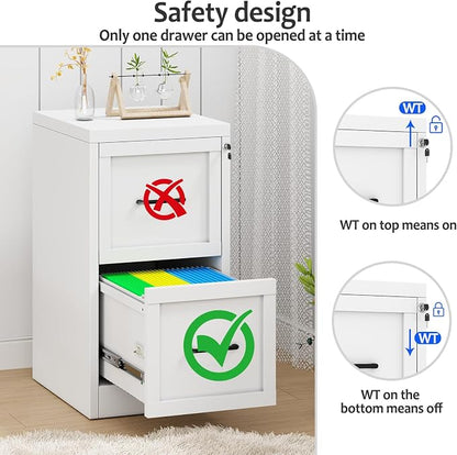 Small Metal 2-Drawer File Cabinet, Under-Desk Filing Cabinet, White | Locking, Adjustable Hanging Rail, Fit A4, FC, Letter, Hanging File Folders for Home Office Storage Organization, 2PS