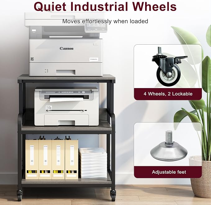 Large Printer Table with Storage, 3 Tier Printer Stand with Wheels, Printer Cart for Home Office, Desk for Printer, Paper Shredder, Scanner, Gray