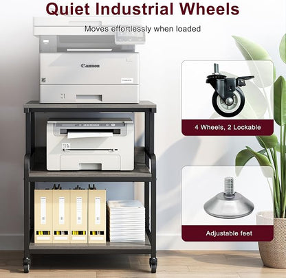 Large Printer Table with Storage, 3 Tier Printer Stand with Wheels, Printer Cart for Home Office, Desk for Printer, Paper Shredder, Scanner, Gray