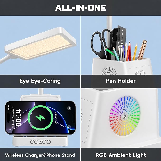 cozoo LED Desk Lamp for Home Office, Desk Light with 15W Wireless Charger Pen Holder, 12 Lighting Modes Desk Lamp for Bedroom, Small Table Lamp for College Dorm, Study, Craft, Nail, White