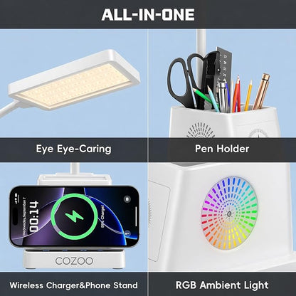cozoo LED Desk Lamp for Home Office, Desk Light with 15W Wireless Charger Pen Holder, 12 Lighting Modes Desk Lamp for Bedroom, Small Table Lamp for College Dorm, Study, Craft, Nail, White