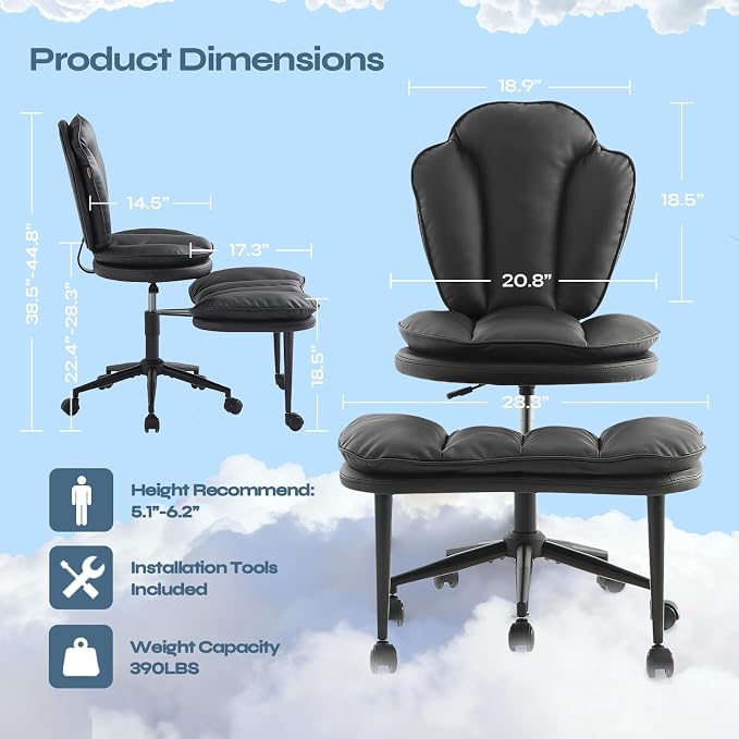 Pinmoco Ergonomic Cross Legged Office Chair for ADHD, Kneeling Chair with 360° Swivel Wheels and Reversible Seating for Meditation, Adjustable Height and Seat Deapth, PU Leather, Black