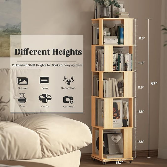 5 Tier Solid Wood Rotating Bookshelf Tower on Wheels, 360° Upgrade Spinning Book Shelf, Revolving Bookcase Organizer, Swivel Bookshelves for Small Spaces, Corner, Bedroom, Kids Room (Warm Wood)