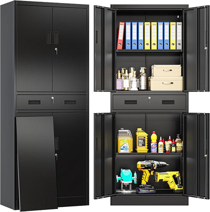 BESFUR Metal Storage Cabinet with 1 Drawer and Adjustable Shelves, 71" H Reinforced Heavy Duty Locking Storage Cabinet for Office, Garage, Home, School, Utility(Black)