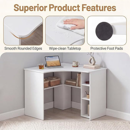 Giantex White Corner Desk, Triangle Computer Desk with Charging Station, Open Storage Shelves and Curved Edge, Space Saving Writing & Makeup Vanity Desk for Small Spaces, Home Office, Bedroom