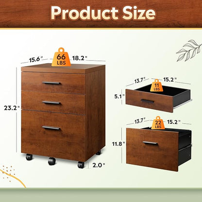 DEVAISE 3 Drawer File Cabinet for Home Office, Wood Under Desk Filing Cabinet, Rolling Printer Stand with Wheels, Walnut