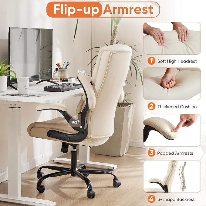 Sweetcrispy Office Executive Chair - Heavy Duty High Back Home Desk Chair with Flip-up Armrest, PU Leather, Height Adjustable & Swivel Rolling with Wheels, Beige