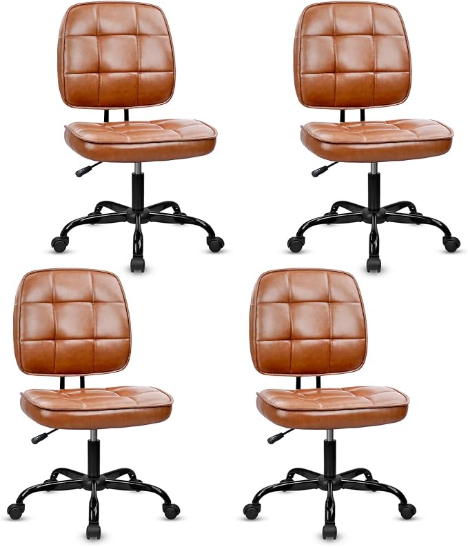 CLATINA Home Office Chair No Arms with Wheels, Armless Small Leather Ergonomic Low Back Desk Chairs Adjustable Height 360° Swivel Rolling Computer Task Chair for Work Conference Room, Brown, 4 Pack
