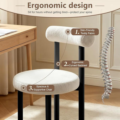 Cute Small Armless Desk Chair, Ergonomic Comfy Vanity Chairs Lumbar Support with Back for Makeup, Teddy Fabric Computer Desk Chair for Home, Bedroom, Vanity, Teens, Adults