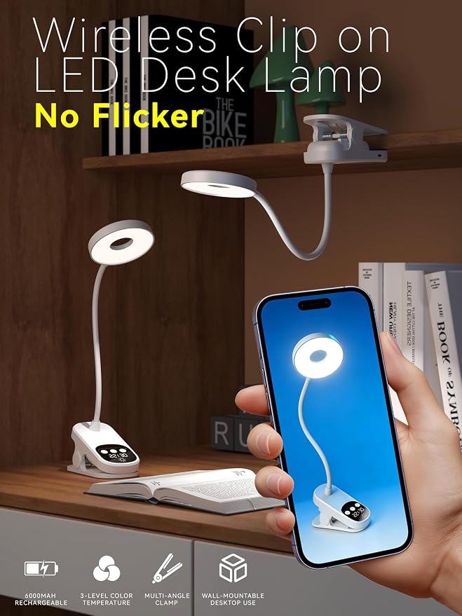 Clip On LED Desk Lamp Wireless, 6000mAh Rechargeable Eye-Caring Bedside Reading Light with Clock & Timer, 3 Color Temperatures 360° Rotatable for Dorm Room, Bed Headboard, Home, Office, Camping
