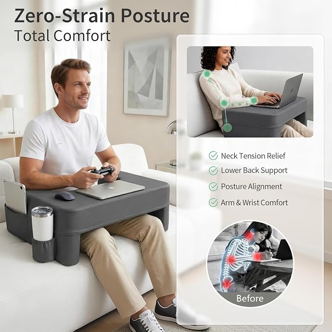 septsun Soft Lap Desk Pillow for Laptop & Gaming,Arm Rest Laptop Lap Desk for Bed Couch with Cup Holder & Pocket,Ultimate Reading Pillow for Lap(Dark Gray, Large)