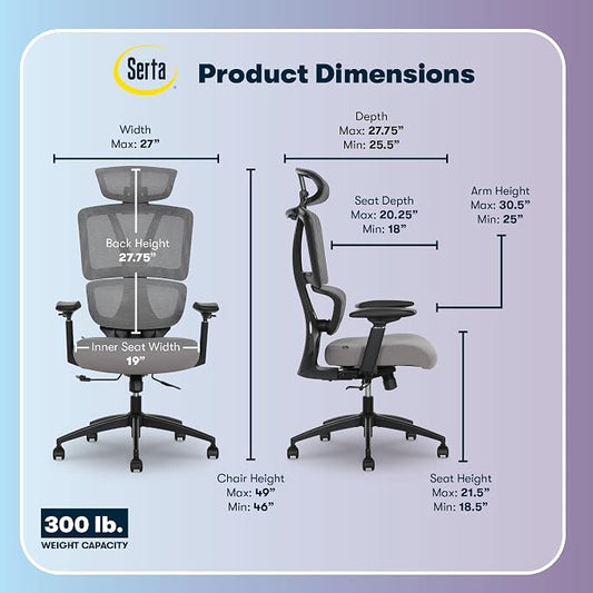 Serta AirHaven SX1200 Ergonomic Office Chair, High Back Mesh Desk Chair with Adjustable Headrest, Lumbar Support, 3D Armrests, ComfortCoils Seat, Swivel Computer Chair with Wheels, Gray