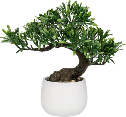 Fake Bonsai Tree Zen Juniper Bonsai Plant 10” Tall Artificial Bonsai Trees with White Ceramic Pot Decorated with Pebbles Desk Plant Indoor Bonsai for Home Office Decor