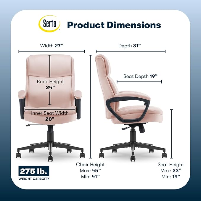 Serta Comfort Ergo Executive Office Chair, Ergonomic Mid-Back Design with Lumbar Support, Semi-Plush Double-Layer Seat Cushion, Padded Armrests, Swivel Metal Base, Soft Velvet, Pink