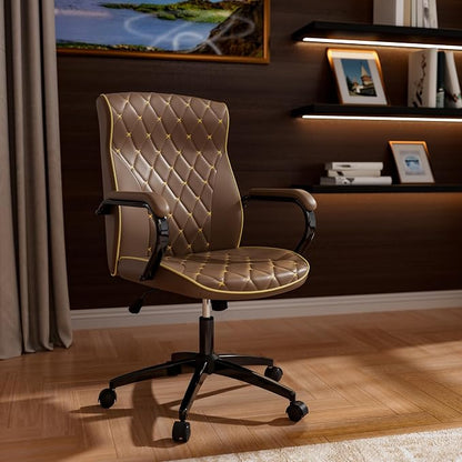 HomeZeer Brown Office Chair, Luxury Leather Executive Desk Chair | Elegant Timeless Appeal, Vintage Mid Back Styling with Wheels and Padded Arms, Thick High Density Foam Comfort