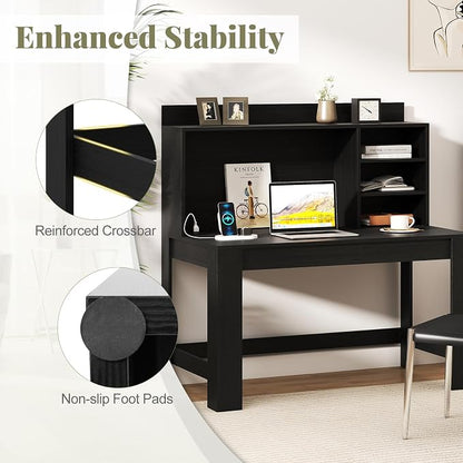 Giantex Computer Desk with Hutch, Modern Home Office Desk with Power Outlets, Storage Shelves & Cable Hole, Makeup Vanity Table, Study Writing Desk for Bedroom Office Small Space (Black)