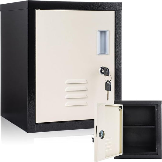 Suzile Lockable Storage Cabinet Metal Lockable Steel Storage Cabinet Organizer Lockers for Employees Vertical Metal Cabinets End Side Table Steel Bedside with Shelf(Black Beige)