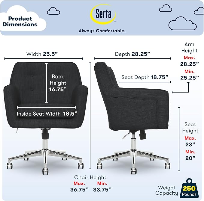 Serta Ashland Home Office Desk Chair with Button Tufted Mid-Back, Memory Foam Cushion and Padded Arms, Mid Century Modern Vanity Armchair with Wheels for Bedroom, Chrome Metal Base, Charcoal Gray