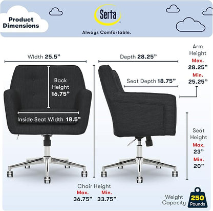 Serta Ashland Home Office Desk Chair with Button Tufted Mid-Back, Memory Foam Cushion and Padded Arms, Mid Century Modern Vanity Armchair with Wheels for Bedroom, Chrome Metal Base, Charcoal Gray