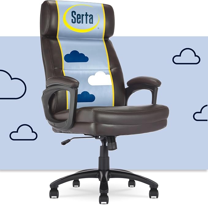 Serta Comfort Executive Big & Tall Office Chair, Ergonomic High-Back Computer DeskChair, Semi Plush Cushion Seat, Soft Padded Armrests, SertaQuality Foam, Metal Swivel Base, Bonded Leather, Brown
