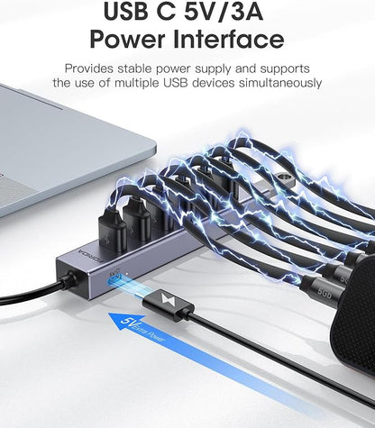FORIDA Aluminum Alloy 8 Port USB Hub Long Cable USB Splitter with 7-USB3.0 Data Ports and TypeC 5V/3A Power Port Compatible with MacBook, Laptop,Surface Pro, PS5, PC and More (Gray, USB A-47in)
