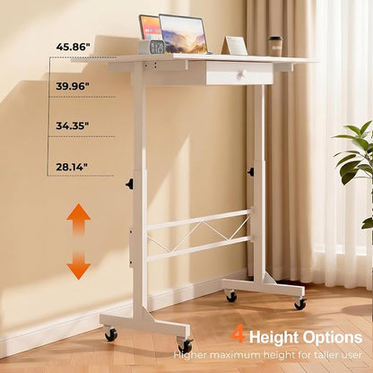 COMHOMA Small Standing Desk with Storage Drawer, Mobile Height Adjustable Rolling Sit Stand Desk with Lockable Wheels 4‑Level Portable Laptop Desk for Small Space Home Office Treadmill Workstation