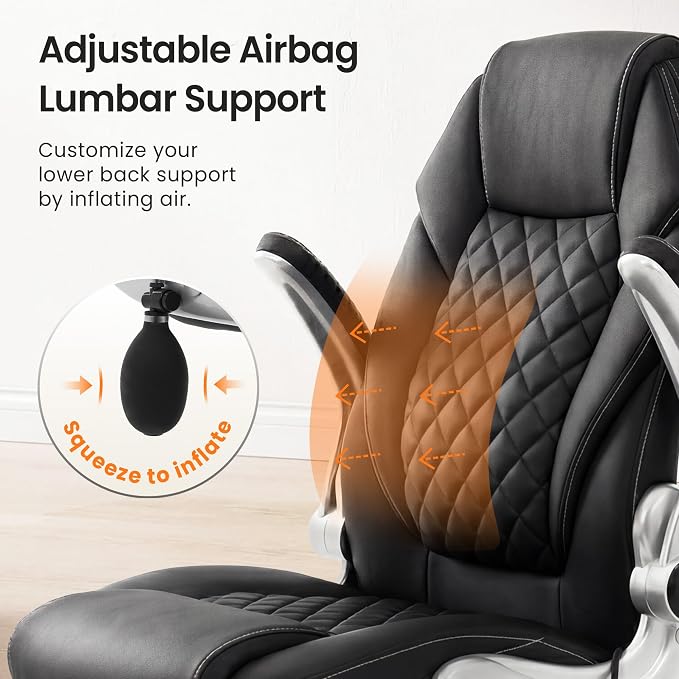 NEO CHAIR Executive Office Chair High Back Ergonomic Computer Desk Chair with Adjustable Lumbar Support Padded FILP-up Arms PU Leather Comfy Task Tilt Swivel for Home (Black)