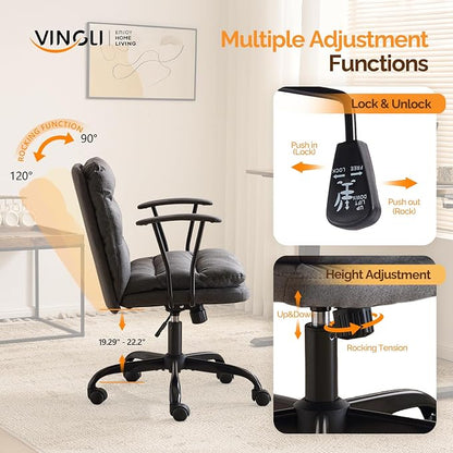VINGLI Padded Grey Desk Chair with/No Wheels,Dual-Base,Removable Armrests,Adjustable Comfy Rolling Swivel Computer Task Nail Tech Chair for Home Office,Sewing,Makeup Vanity,Teen,Linen Fabric