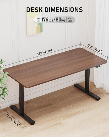 63" Electric Standing Desk Adjustable Height, Sit Stand up Desk for Home Office & Computer Workstation, 2 Memory Height Settings, Splice Board, 2 Hooks, Black Frame/Walnut Top