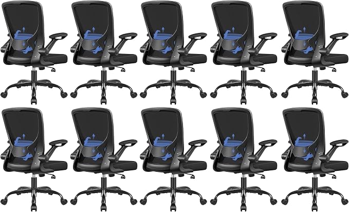 BESTFAIR Ergonomic Office Chair, Mesh Computer Desk Chairs with Lumbar Support, Swivel Desk Chair with Flip-up Arms and Adjustable Height, Black, 10-Pack