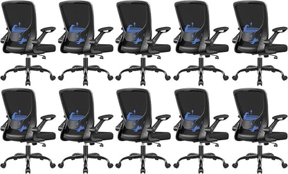 BESTFAIR Ergonomic Office Chair, Mesh Computer Desk Chairs with Lumbar Support, Swivel Desk Chair with Flip-up Arms and Adjustable Height, Black, 10-Pack