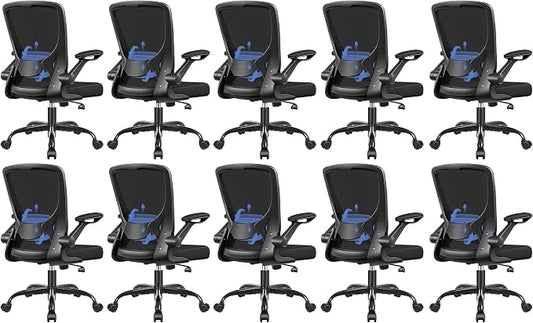 BESTFAIR Ergonomic Office Chair, Mesh Computer Desk Chairs with Lumbar Support, Swivel Desk Chair with Flip-up Arms and Adjustable Height, Black, 10-Pack