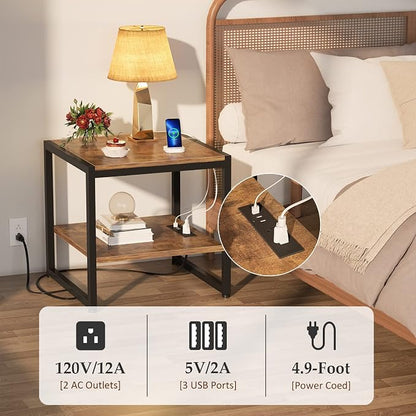 Homieasy End Table with Charging Station, 20" Mini Fridge Stand with Power Outlets, Heavy Duty Side Table for Living Room, Small Table Stand & Fridge Table, Rustic Brown