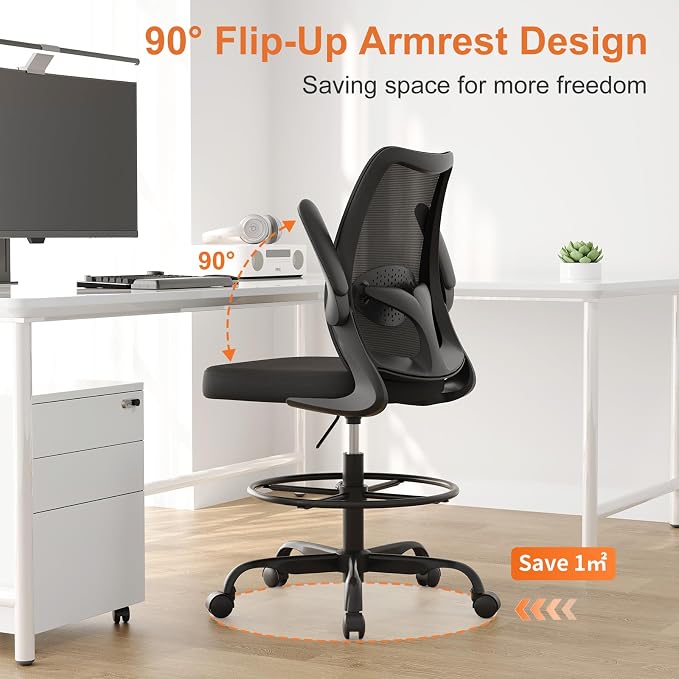 Tall Office Chair for Standing Desks,High Desk Drafting Chair with Adjustable Footrest Ring,Ergonomic Lumbar Support,Flip-Up Armrests for Home Office,Black