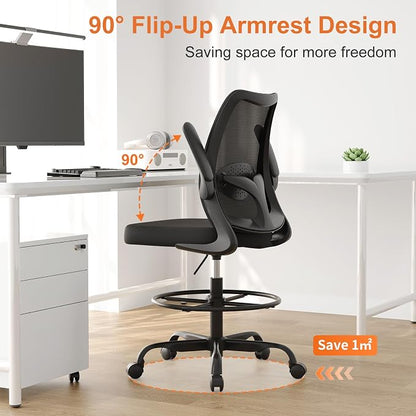 Tall Office Chair for Standing Desks,High Desk Drafting Chair with Adjustable Footrest Ring,Ergonomic Lumbar Support,Flip-Up Armrests for Home Office,Black