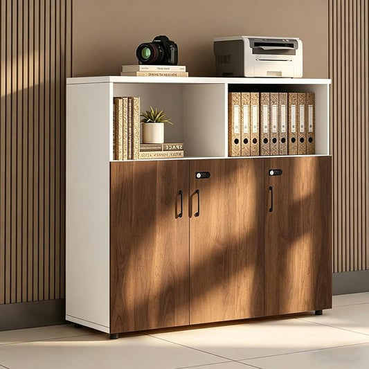 File Cabinet with Password Lock, Wood Lateral Filing Cabinet for Letter/A4 Files, 3 Drawer with Door, Printer Stand with Open Shelves for Home Office