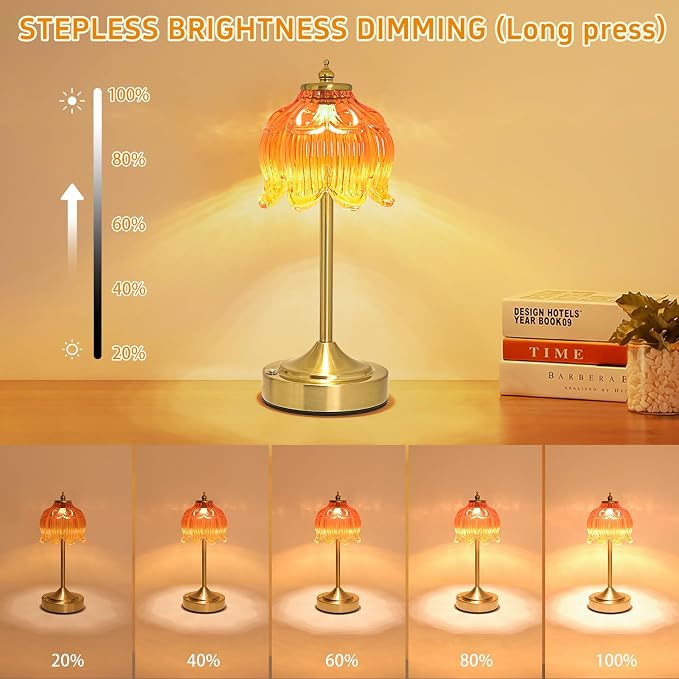 Cordless Lotus Flower Table Lamp, 5200mAh Rechargeable Battery Operated Portable Lamp, 3-Color Dimmable Touch Control Small Desk Lamp for Bedroom, Office, Kitchen, Nightstand,Room Decor (Orange-red)