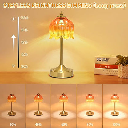 Cordless Lotus Flower Table Lamp, 5200mAh Rechargeable Battery Operated Portable Lamp, 3-Color Dimmable Touch Control Small Desk Lamp for Bedroom, Office, Kitchen, Nightstand,Room Decor (Orange-red)