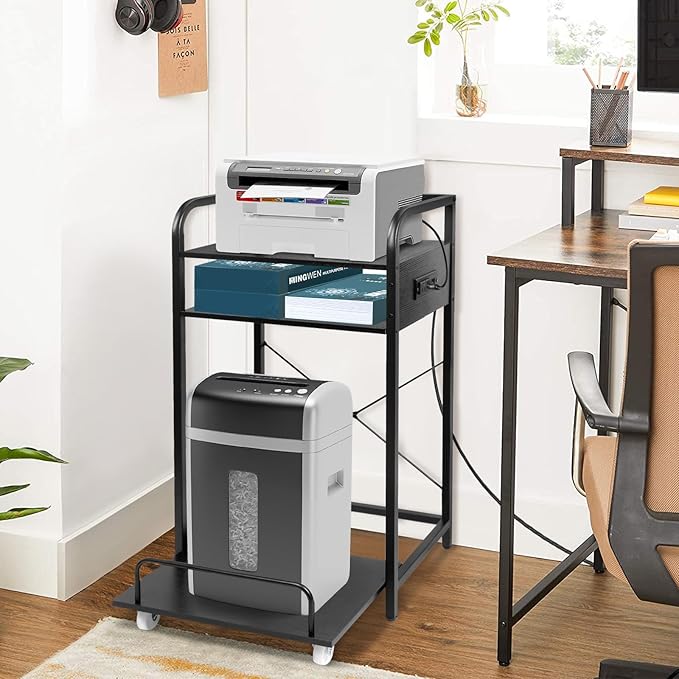 3-Tier Printer Stand with Shredder Shelf, 20" L x 14" W x 34" H, Floor-Standing Printer Stand with Power Outlet, Desk Side Printer and Shredder Stand with Storage, Black Office Storage Shelf Rack