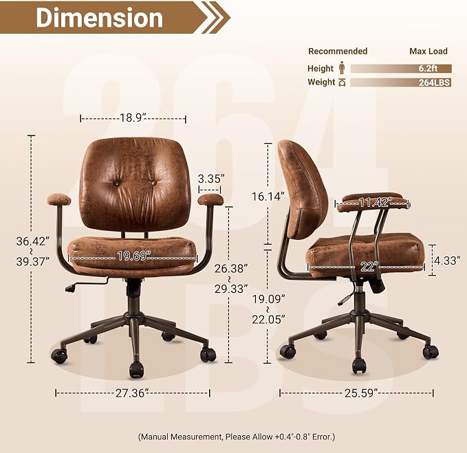 Ergonomic Home Office Chair, Mid-Century Faux Leather Home Office Desk Chairs with Wheels, Office Computer Chair with Rocking Swivel (Dark Brown,Suede)