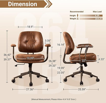 Ergonomic Home Office Chair, Mid-Century Faux Leather Home Office Desk Chairs with Wheels, Office Computer Chair with Rocking Swivel (Dark Brown,Suede)