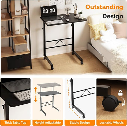 VINGLI Computer Workstation, Standing Desk Adjustable Height, Small Computer Desk w/Rolling, Sit Stand Laptop Desk TV Tray Computer Workstation for Bed Sofa Hospital Reading Eating, 23.6", Black