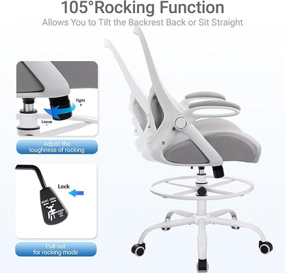 HYLONE 400lbs Heavy Duty Drafting Chair 5" Thickened Seat Office Chair with Flip-Up Armrests Tall Ergonomic Computer Chair with Lumbar Support and Adjustable Footrest Ring Standing Desk Chair (Grey)
