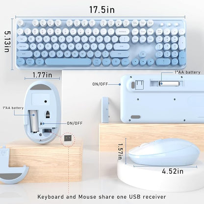 Links9+ Wireless Keyboard and Mouse, Full-Size Retro Typewriter Keyboard with Round Keycaps, 2.4GHz for Windows, Mac, Laptop, PC, Desktop (Blue Gradient)