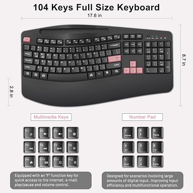 Wireless Keyboard and Mouse Combo, 2.4G Full Size Wave Keys Ergonomic Keyboard with Wrist Rest, Phone Holder, 3-Level DPI Wireless Silent Mouse with 6-Buttons, for Windows (Pink)